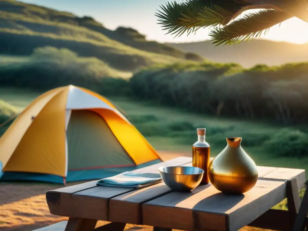 Campamento en Uruguay al atardecer con jugadores de Truco y mate en mesa de madera