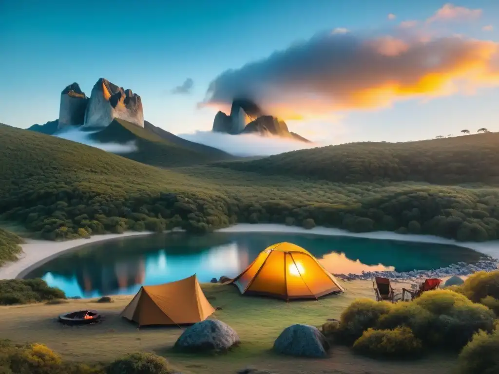 Un campamento en Uruguay al atardecer: tienda, fogata, campistas felices