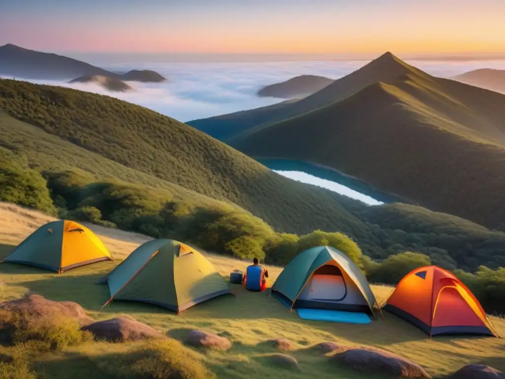 Campamento de aventureros en Uruguay, tiendas coloridas en un bosque verde con atardecer dorado