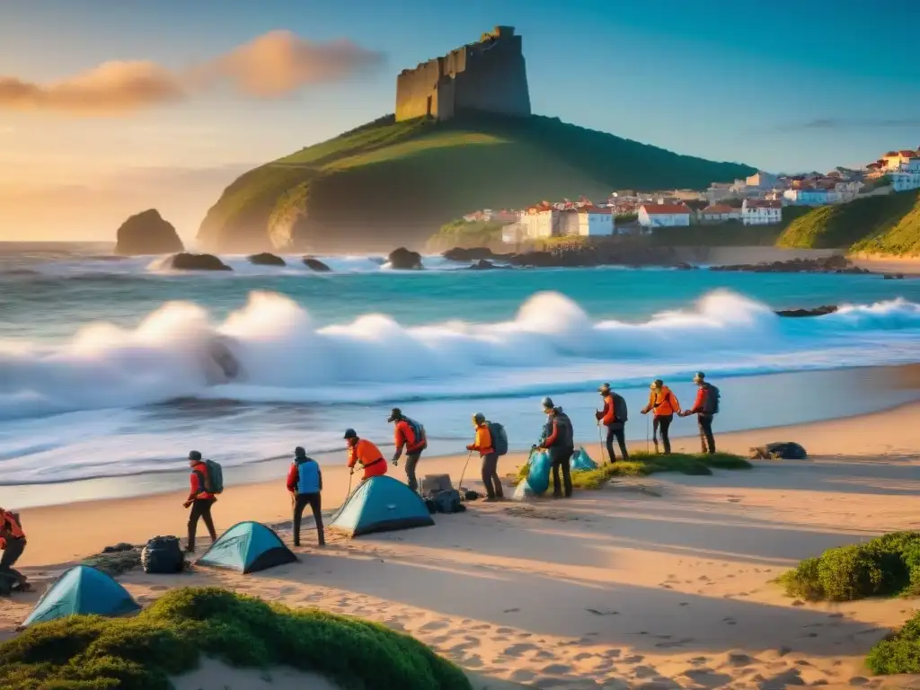 Campamento en Uruguay recogiendo basura en la costa al atardecer, destacando su compromiso con la conservación del ambiente