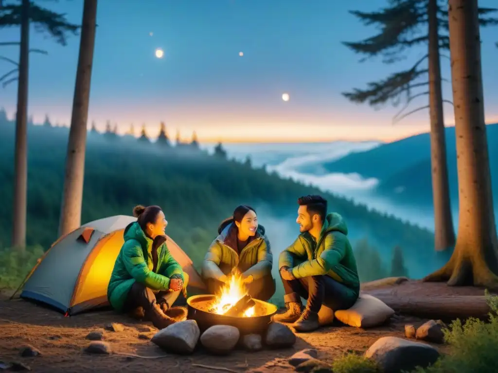 Campamento en el bosque con los mejores impermeables para campistas bajo un cielo estrellado y fogata crepitante