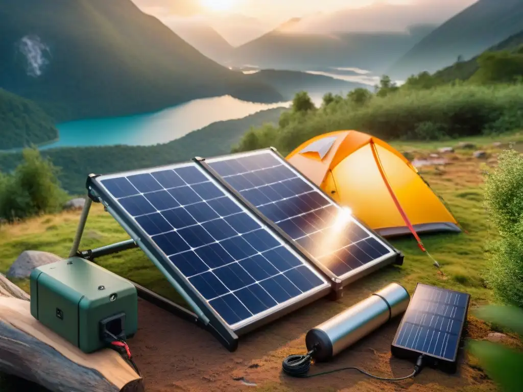 Un campamento en el bosque con paneles solares portátiles para camping, capturando la armonía entre sostenibilidad y naturaleza