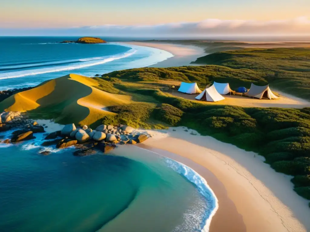 Campamento en Cabo Polonio al atardecer, mostrando la belleza natural y el bajo costo de acampar en Uruguay