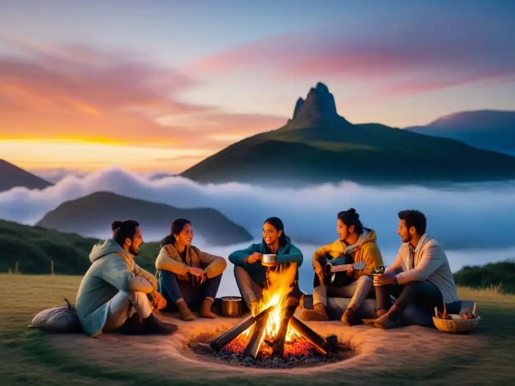 Campamento en Uruguay: campistas reunidos alrededor de fogata al atardecer, compartiendo tradiciones y mate