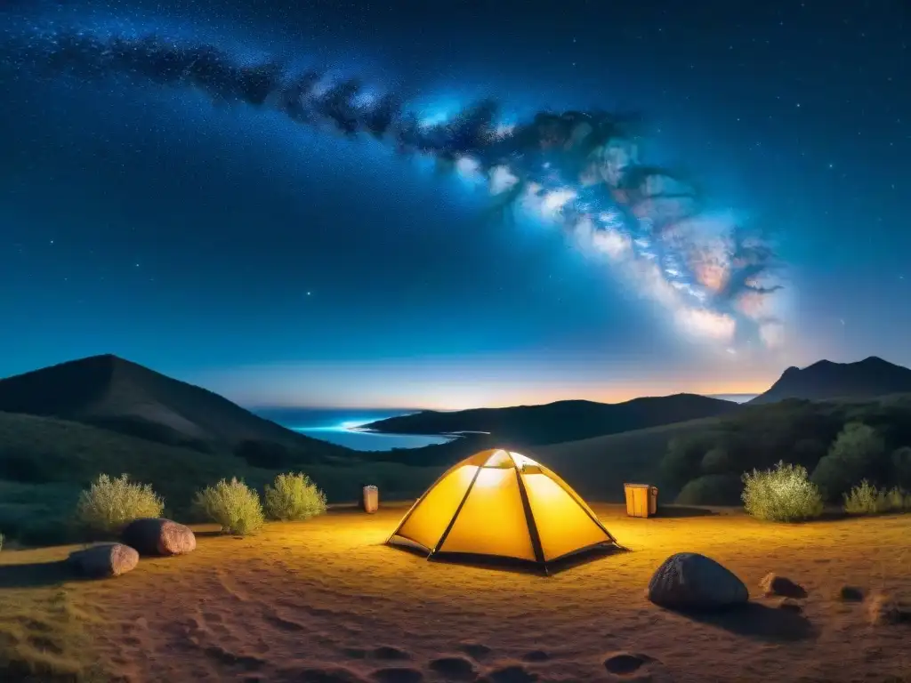 Campamento en Uruguay bajo un cielo estrellado, transmitiendo calma y maravilla por la orientación por estrellas