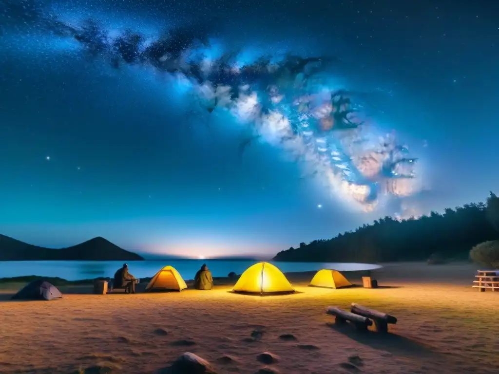 Un campamento en Uruguay bajo un cielo estrellado, evocando desconexión digital y conexión con las estrellas