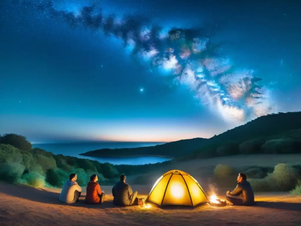 Un campamento en Uruguay bajo un cielo estrellado, donde la desconexión digital se combina con la belleza de la naturaleza