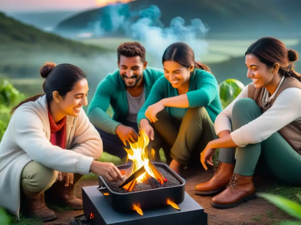 Campamento con cocina solar en el bosque de Uruguay: amigos cocinando juntos, felices