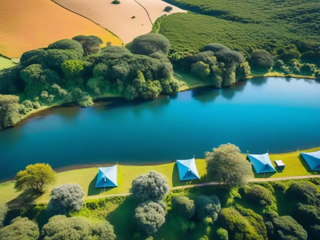 Un campamento colorido entre colinas en Uruguay, donde campistas disfrutan de actividades al aire libre