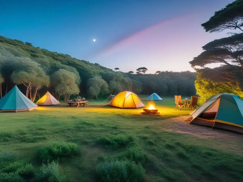 Campamento colorido bajo estrellas en Uruguay, influencia elección de reseñas campings