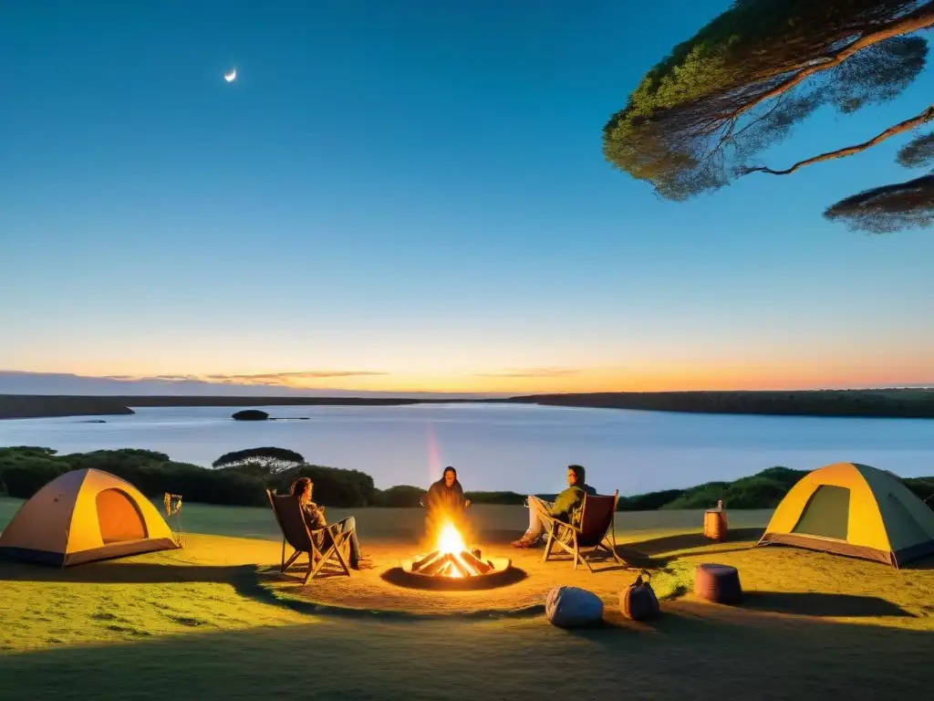 Un campamento comunitario en Uruguay al atardecer, reflejando la historia del camping en Uruguay