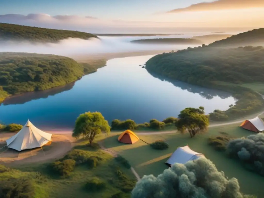 Campamento en Uruguay con cultura indígena integrada, amanecer sereno y río tranquilo