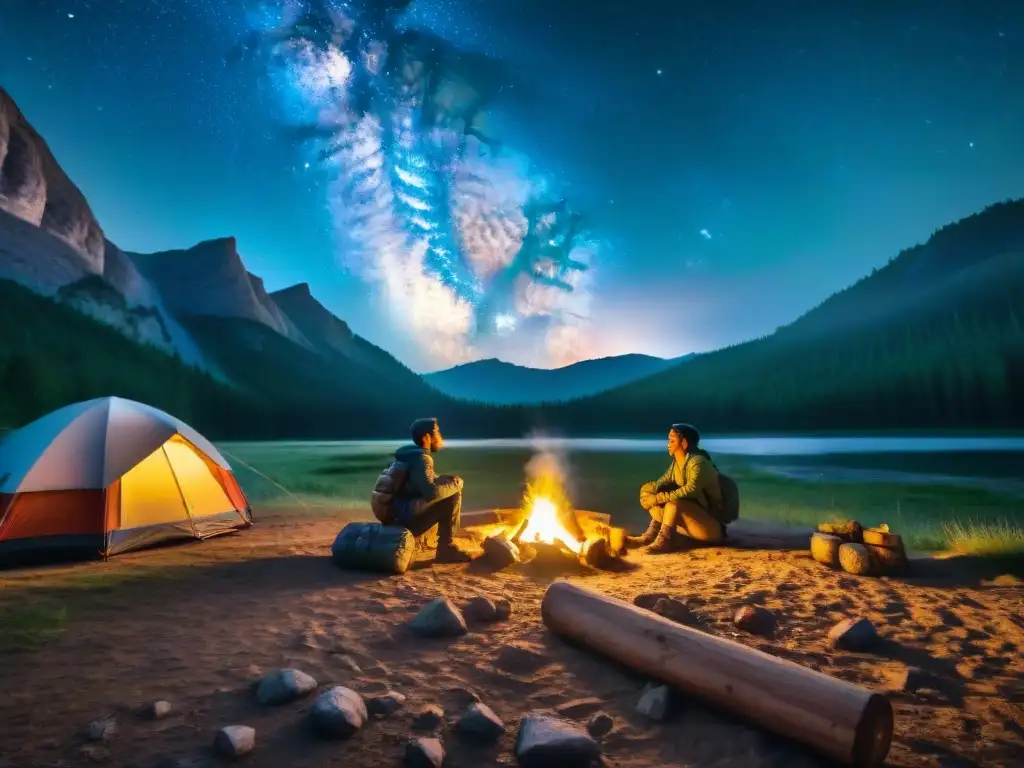 Campamento cultural en Uruguay: Grupo de campistas alrededor de fogata, bajo cielo estrellado