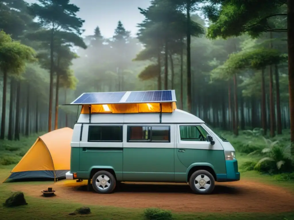 Campamento digital en Uruguay: furgoneta camper moderna en un bosque verde con proyector de fogata