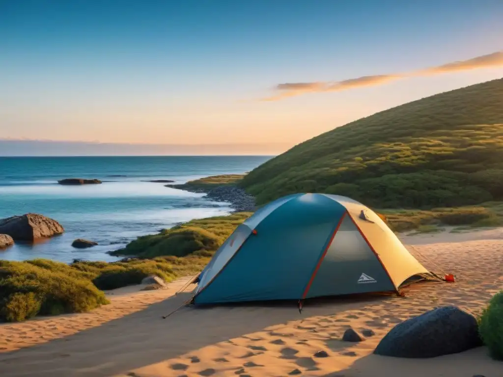 Un campamento en Uruguay con un dispositivo de desalinización de agua en acción, convirtiendo agua de mar en potable