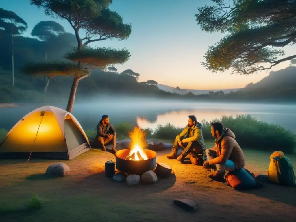 Campamento en Uruguay: diversidad de campistas armando tiendas cerca de un lago sereno al atardecer, conectando con la naturaleza