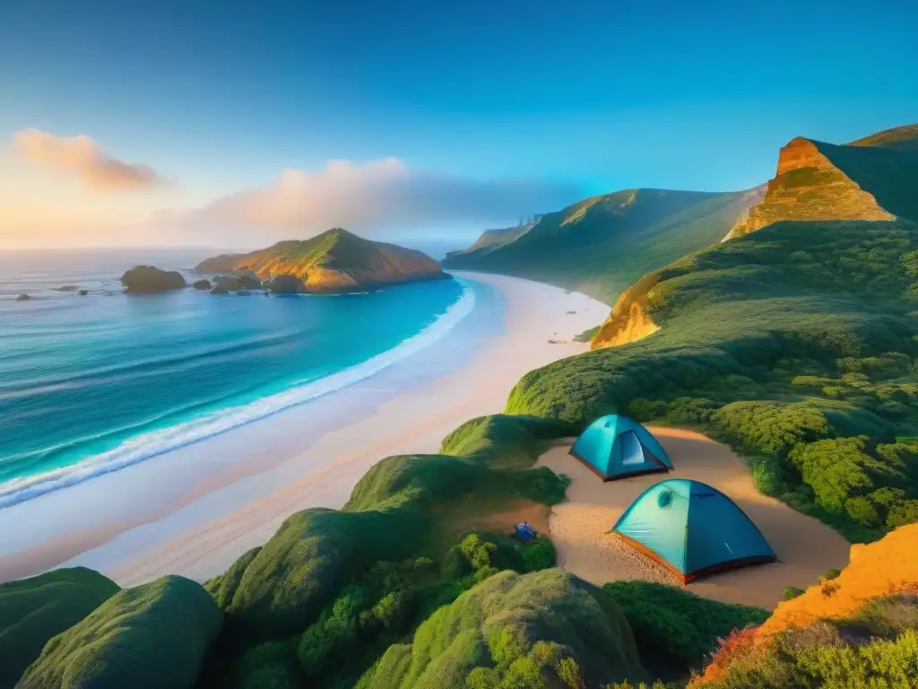 'Campamento diverso en Parque Nacional Rocha, al amanecer vibrante sobre la costa escarpada'