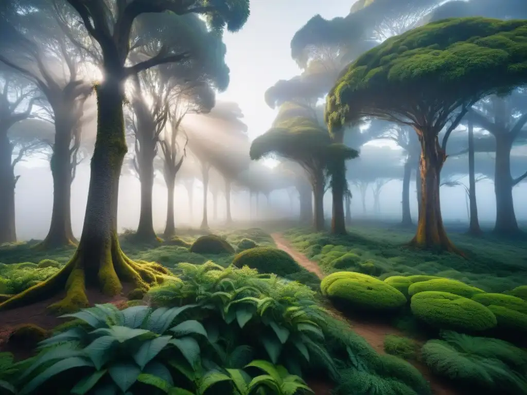 Un campamento ecoamigable en Uruguay se funde armoniosamente con la exuberante vegetación en un atardecer sereno