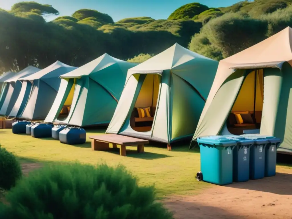 Campamento ecoamigable en Uruguay con tiendas de campaña, contenedores de reciclaje y paneles solares