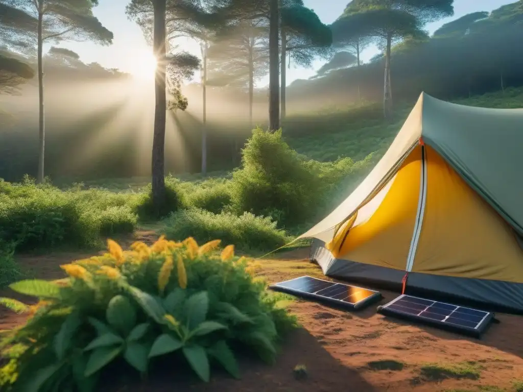 Campamento ecofriendly con paneles solares portátiles para camping en bosque de Uruguay al atardecer