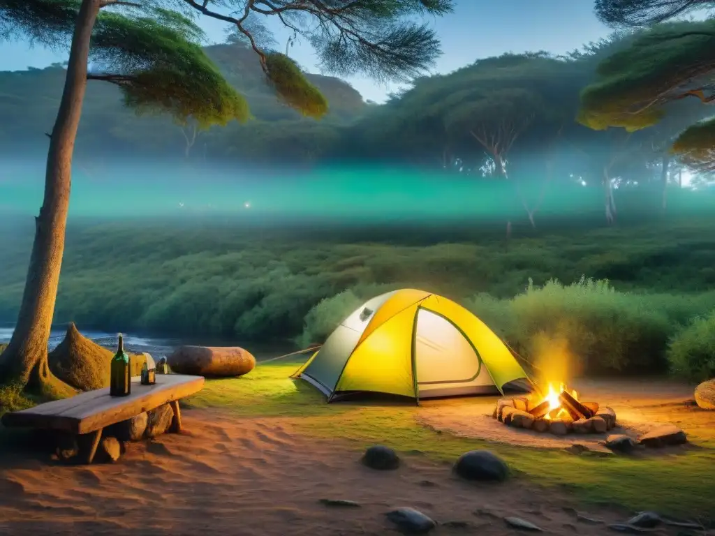 Un campamento ecológico entre árboles altos en un bosque de Uruguay