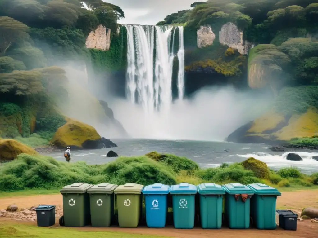 Un campamento ecológico en Uruguay, con campistas ordenando residuos y una cascada al fondo