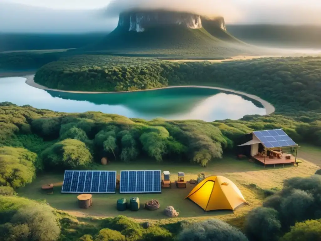 Campamento ecológico al amanecer en Uruguay con excursionistas y mapas en apps ecocamping sostenible en Uruguay