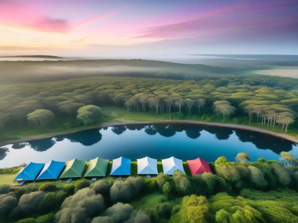 Campamento ecológico en Uruguay con vista al amanecer en el bosque y actividades sostenibles