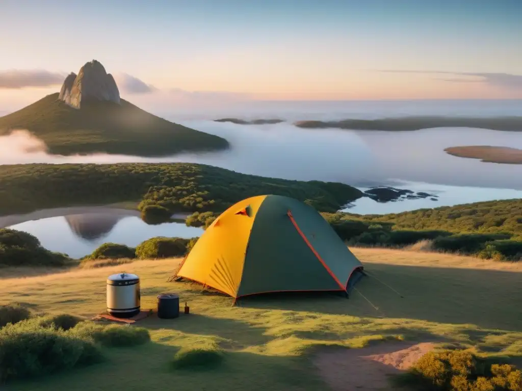 Campamento económico en Uruguay con apps: tienda iluminada junto al lago al atardecer