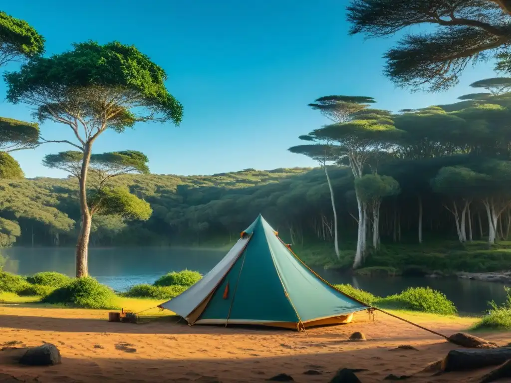 Campamento económico en Uruguay: refugio entre la exuberante naturaleza, con hoguera, tienda y hamaca