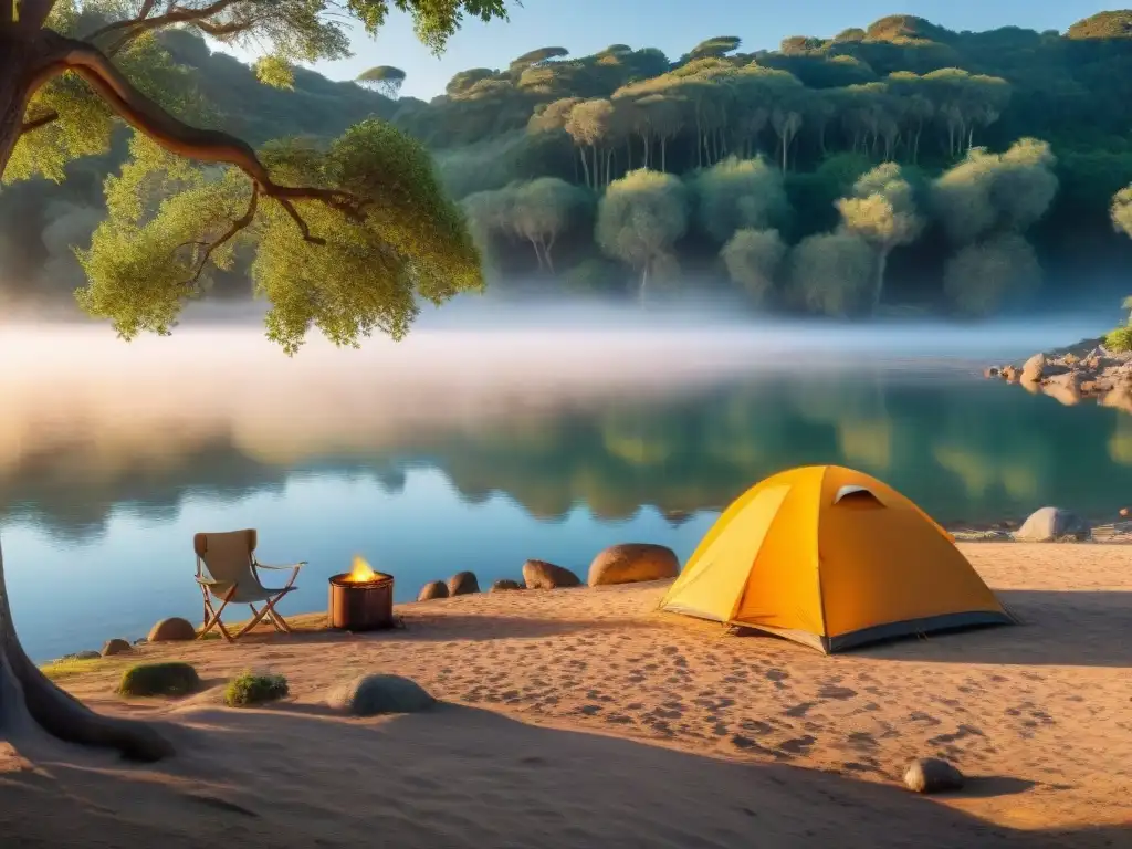 Un campamento económico en Uruguay: familia feliz en acampada junto al río al atardecer