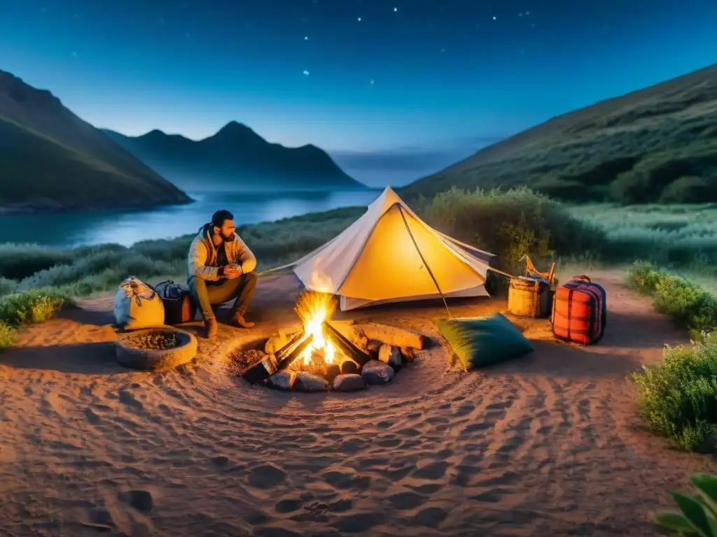 Un campamento económico en Uruguay: Familia alrededor de fogata en campamento pintoresco con equipo tradicional