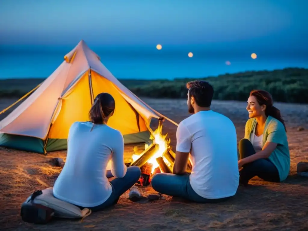 Un campamento económico en Uruguay: familia disfruta alrededor de la fogata, asando malvaviscos bajo el cielo estrellado