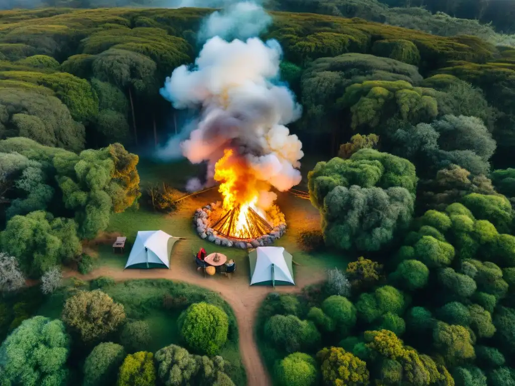 Un campamento económico en Uruguay, joyas ocultas entre bosques verdes, campistas disfrutando de la naturaleza