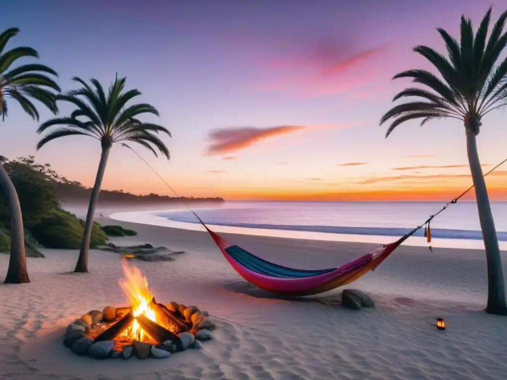 Campamento económico en playa de Uruguay al atardecer con fogata, campistas y hamaca