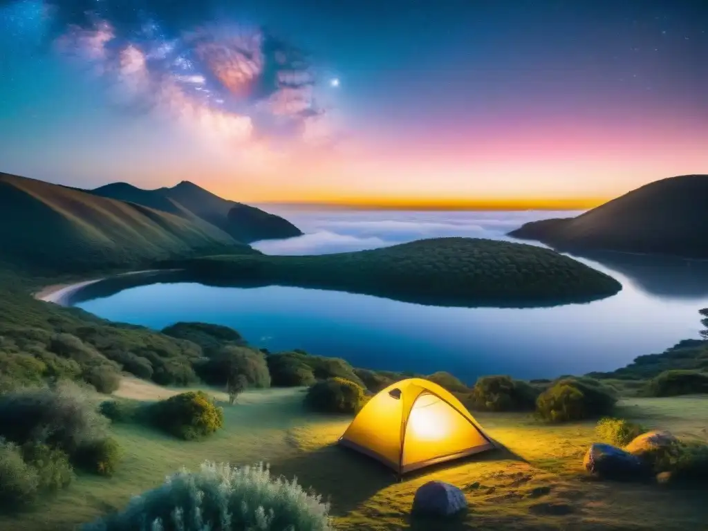 Un campamento escondido en la exuberante naturaleza de Uruguay al atardecer