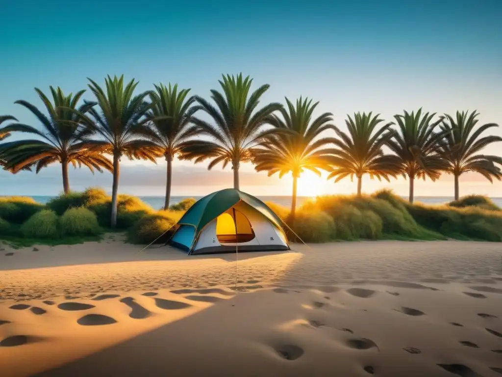 Un campamento exclusivo en Uruguay: tienda de lujo en la playa con cama cómoda, decoración elegante y vista al mar al atardecer