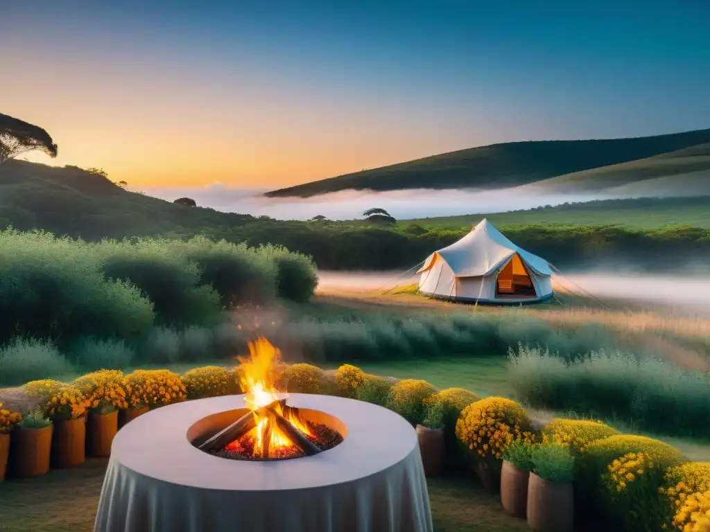 Un campamento exclusivo en Uruguay, con una tienda de lujo entre naturaleza exuberante y flora vibrante al atardecer