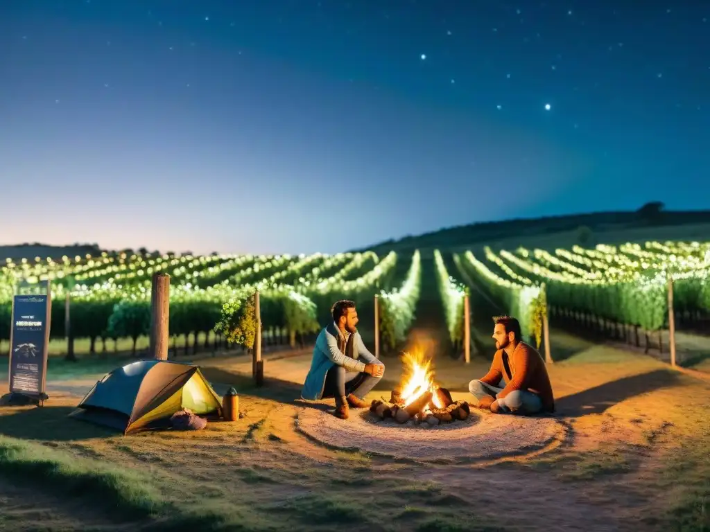 Campamento exclusivo en viñedos de Uruguay, pareja disfrutando noche romántica junto a fogata bajo cielo estrellado