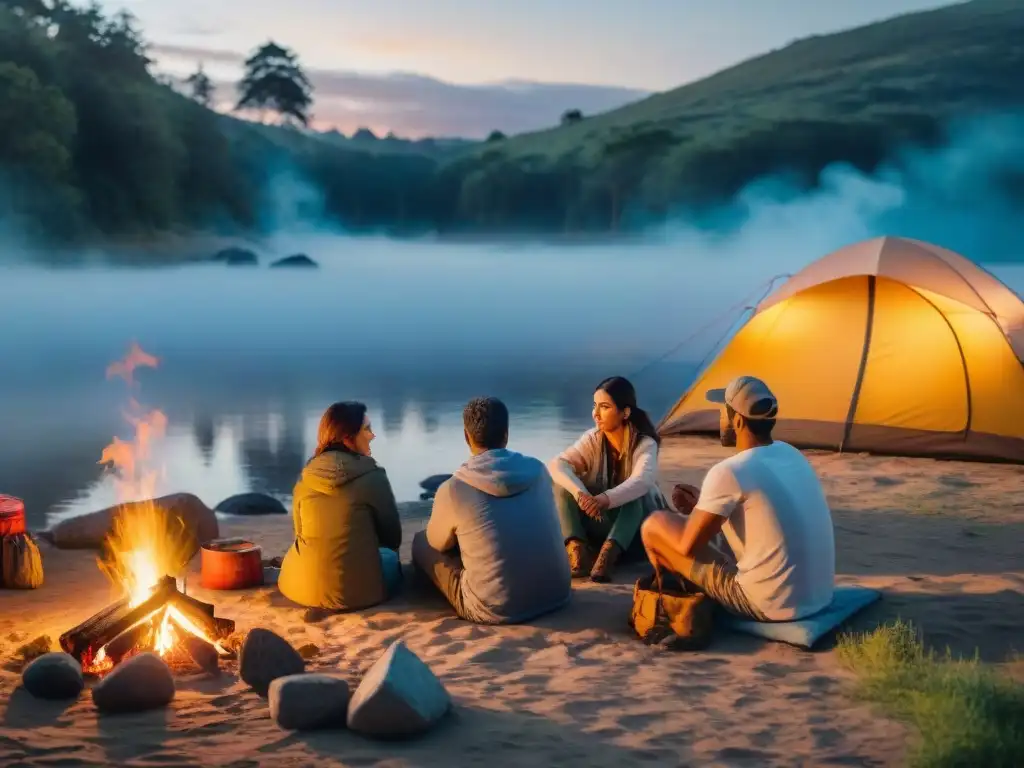 Campamento familiar en Uruguay: Atardecer pintoresco sobre un tranquilo campamento con una familia alrededor de una fogata al atardecer