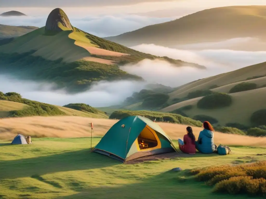 Un campamento familiar en Uruguay al atardecer, con tiendas coloridas, fogata y colinas iluminadas