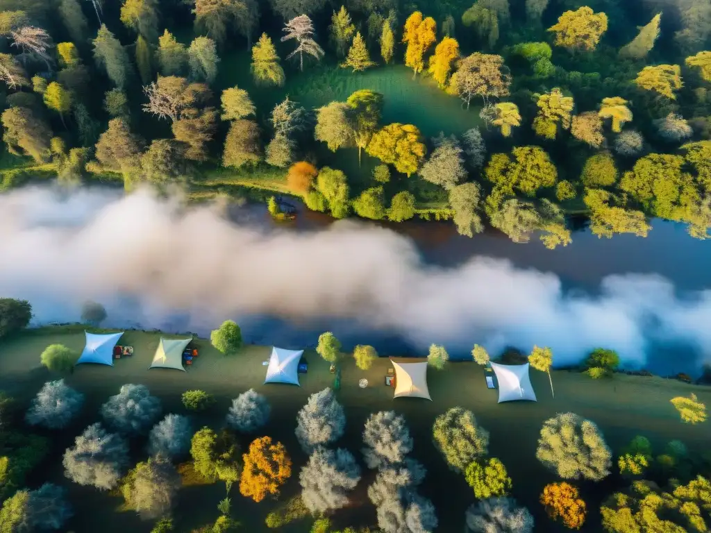 Un campamento familiar idílico entre bosques verdes y un río tranquilo en Uruguay, con actividades al aire libre y ambiente cálido