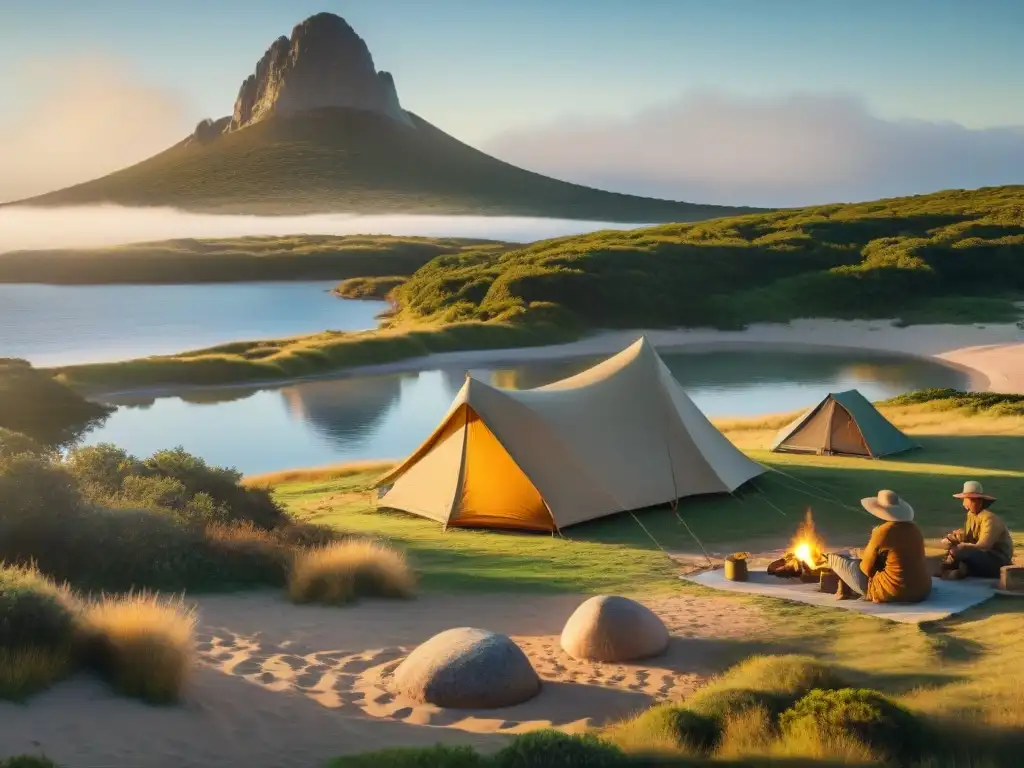 Campamento histórico en Laguna Garzón, Uruguay: campistas de principios del siglo XX disfrutan de la naturaleza y actividades al aire libre