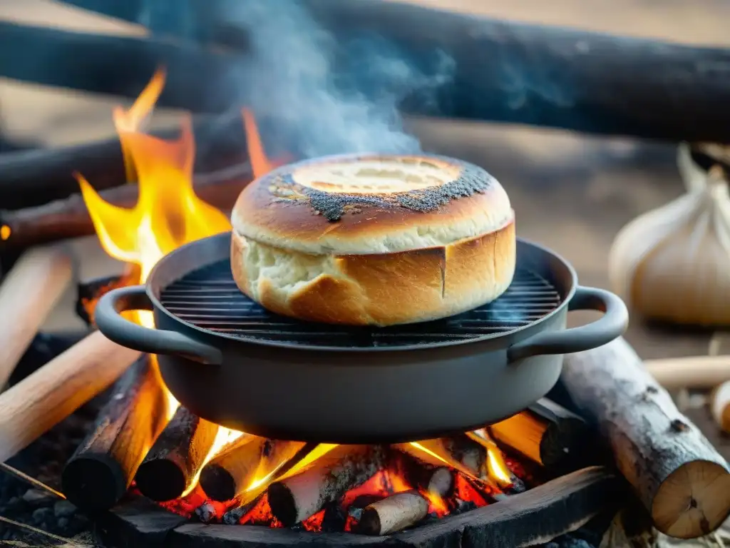 Un campamento en Uruguay con un horno holandés sobre brasas y pan recién horneado