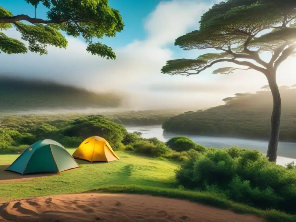 Un campamento idílico en Uruguay con campistas disfrutando de la naturaleza