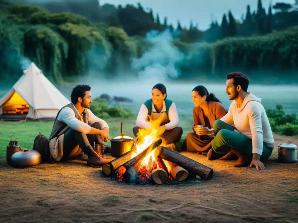 Campamento en Uruguay con influencia europea: Grupo de campistas cocinando sobre fogata rodeados de vegetación exuberante y equipamiento vintage