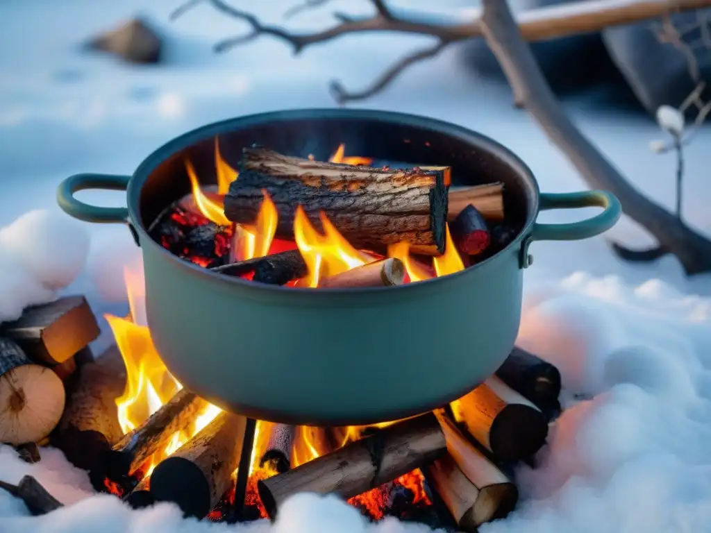 Campamento de invierno con fogata y olla de estofado, recetas cocina campamento invierno