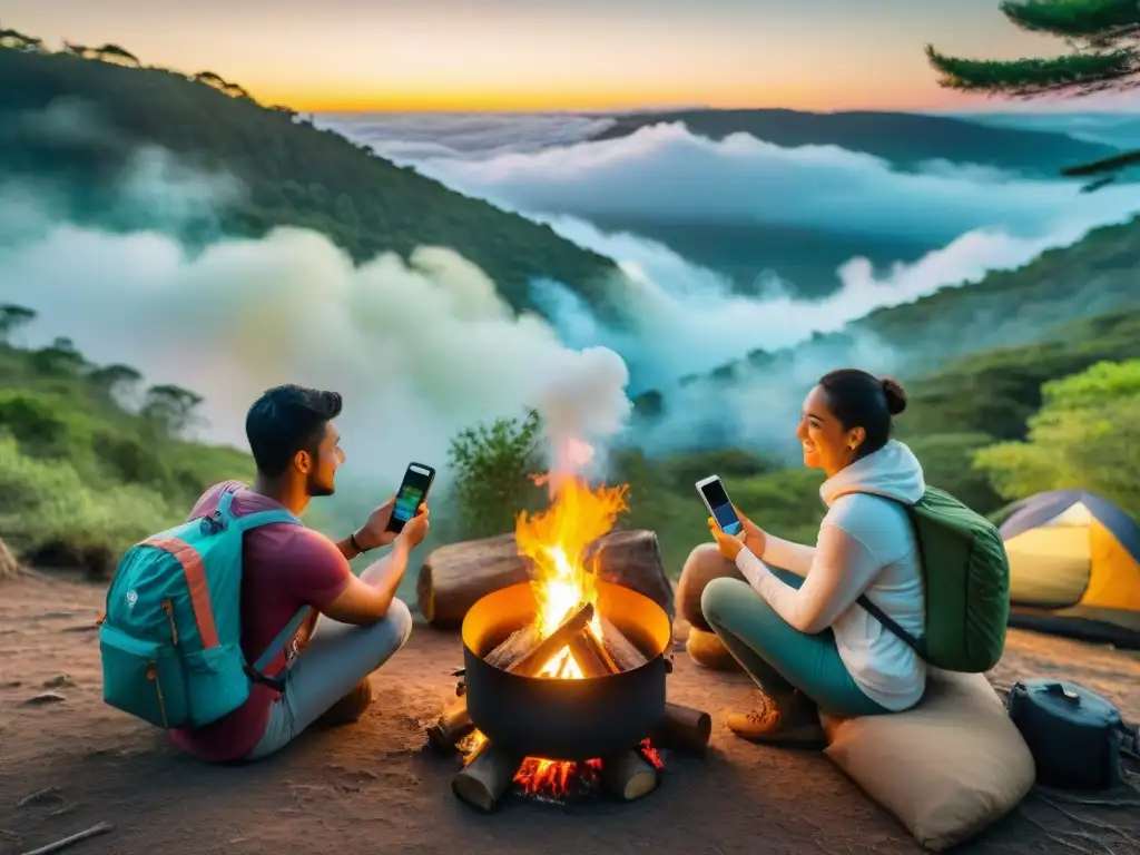 Campamento en Uruguay: jóvenes junto a fogata en el bosque, uno captura atardecer con smartphone