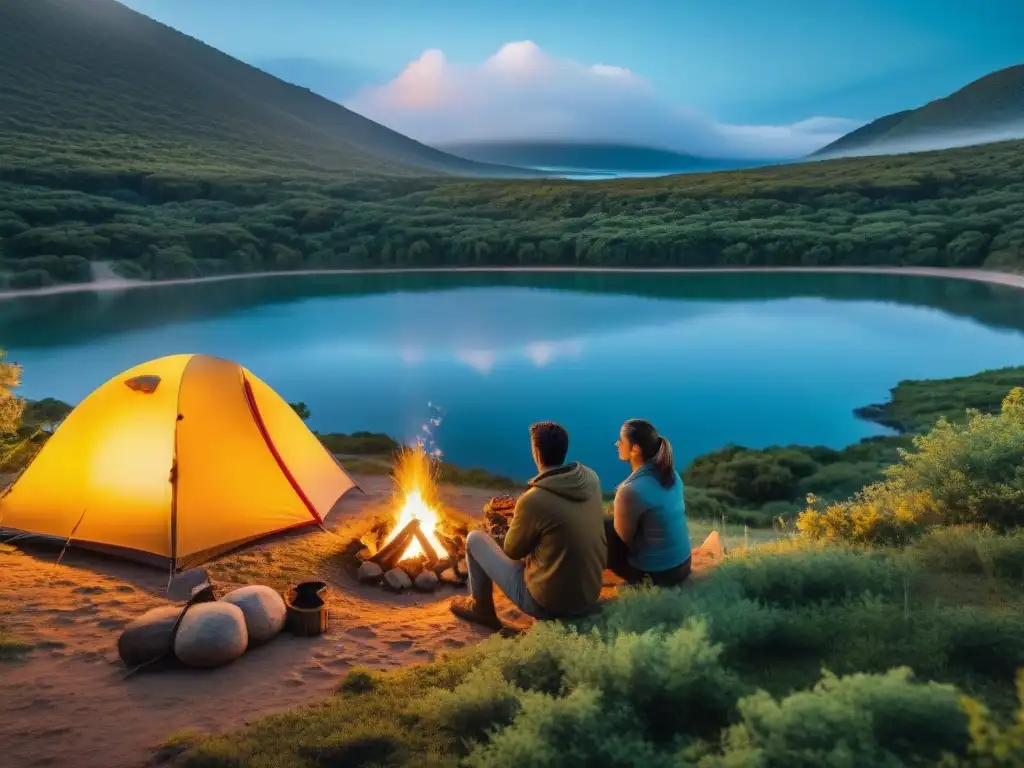 Campamento junto al lago en Uruguay al atardecer, sin contaminación acústica