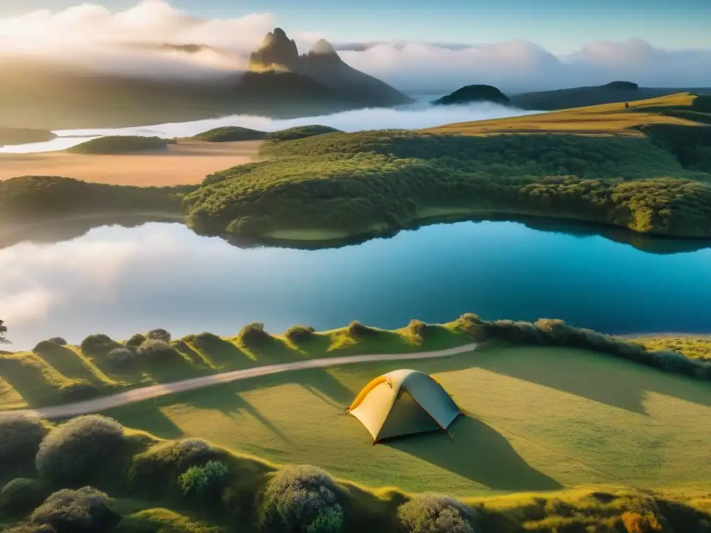 Campamento junto a lago en Uruguay al atardecer, usando GPS para camping en Uruguay